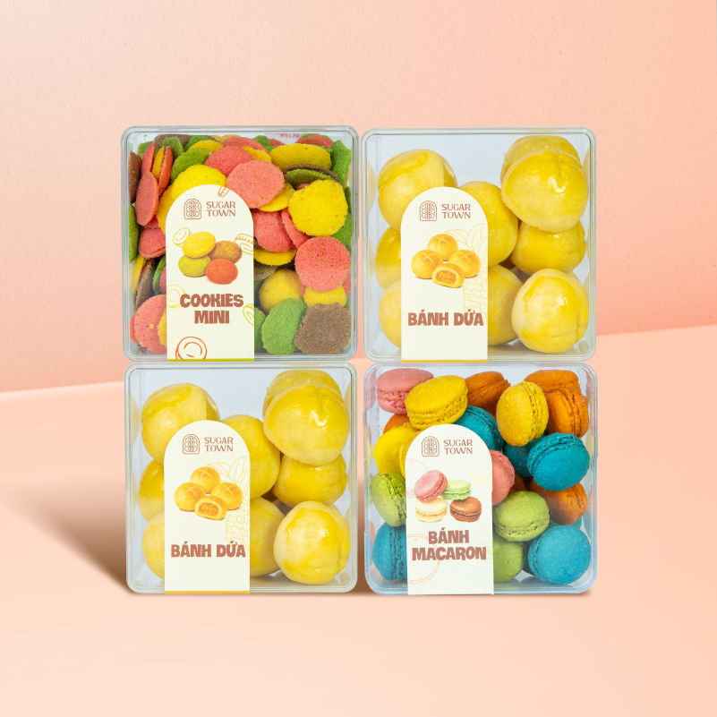 Set Quà Cookies Sugar Town - Set bao gồm 2 hộp mini dứa, 1 hộp marcaron, 1 hộp cookies mini