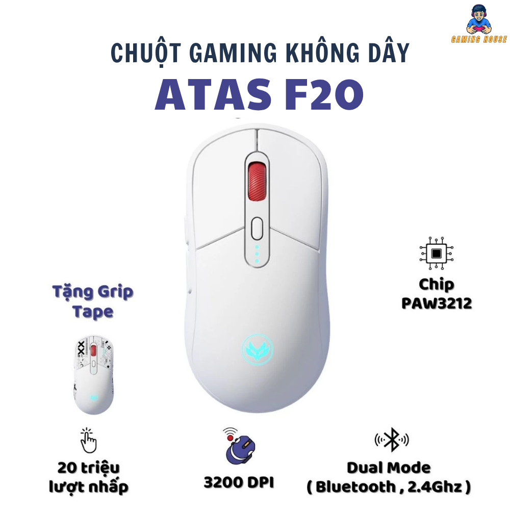 Chuột Máy Tính không dây Bluetooth siêu nhẹ F20 Siêu Chip PAW3212 , DPI 3200 Pin Liên tục 50h