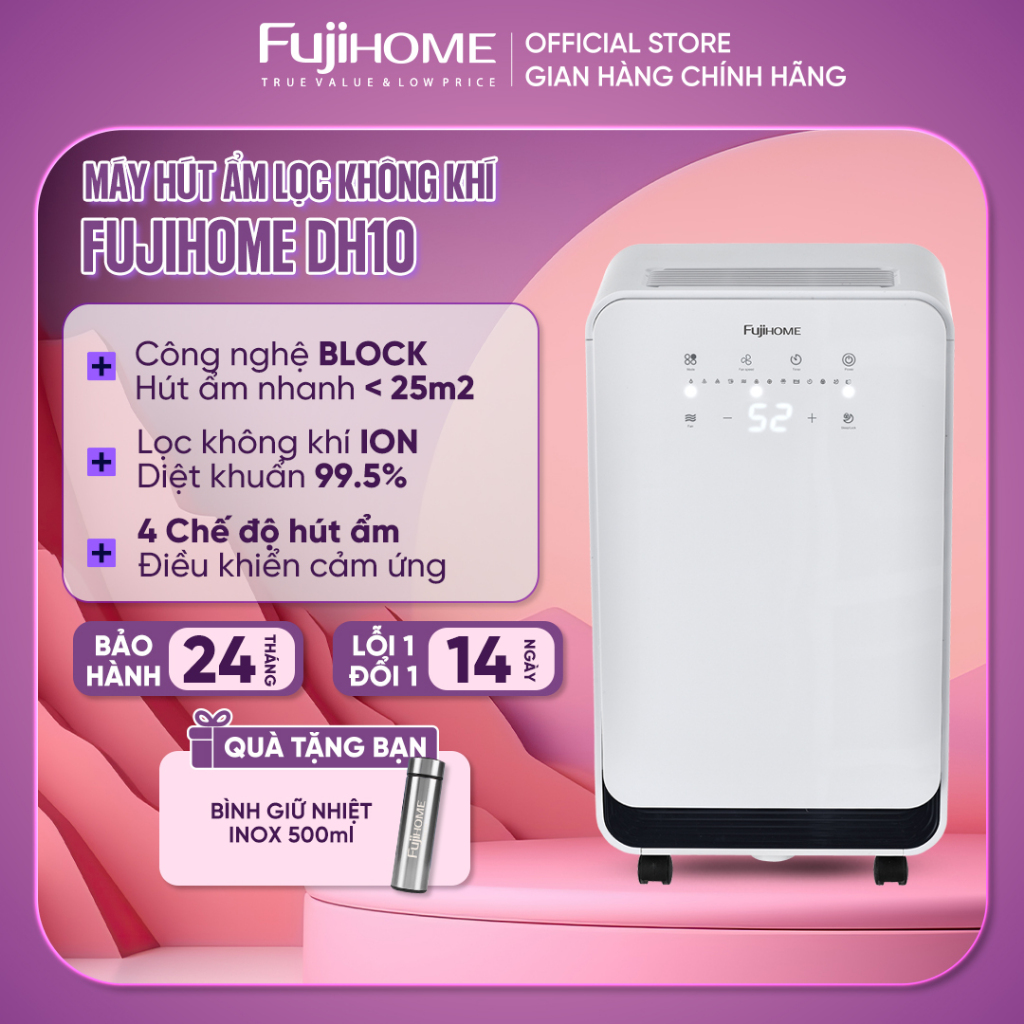 Máy hút ẩm không khí gia đình phòng 8-20m2 Fujihome nhập khẩu, công nghệ máy nén Block phòng khách ngủ đa năng