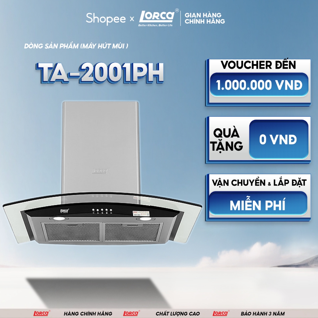 Máy Hút Mùi LORCA TA 2001PH, Điều Khiển Nút Bấm Và Đèn Led Tiết Kiệm, Lướt Lọc Mỡ Inox Dễ Vệ Sinh. Công Suất 1300M3/H