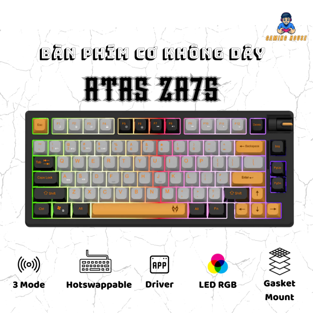 Bàn phím không dây ATAS ZA75 -  3 mode kết nối - LED RGB - Hotswap 5 pin - APP tùy chỉnh - Switch Ta