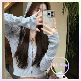 Áo Khoác Len Dệt Kim Dáng Vừa Kiểu Dáng Dịu Dàng Có Khóa Kéo, Áo Khoác Cardigan Có Mũ Trùm Đầu Tay Dài Cho Nữ | Bé Tiu