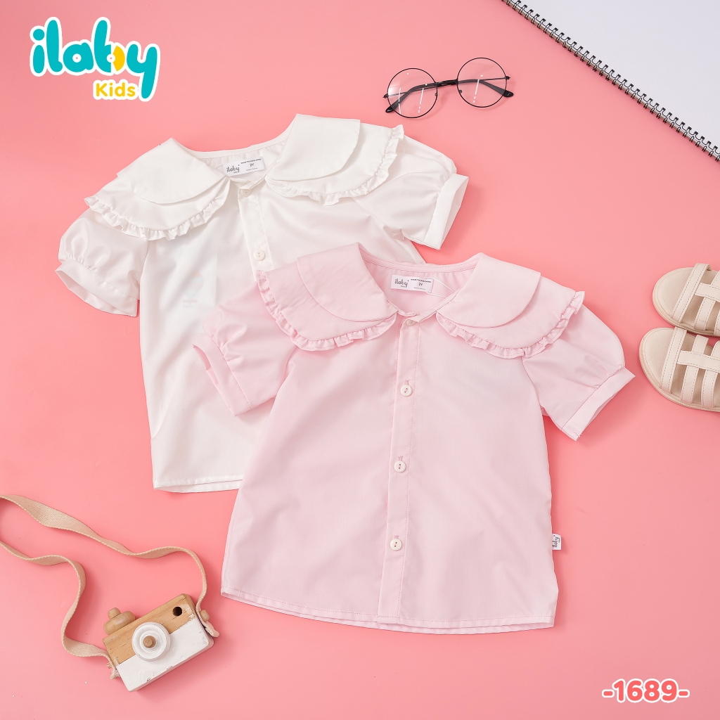 [HỎA TỐC] Áo sơ mi ngắn tay ILABY HCM áo sơ mi đi học cho bé gái thiết kế cổ bèo tay phồng nhẹ chất 