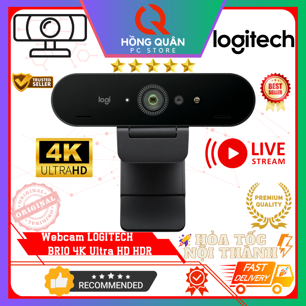  Webcam Logitech BRIO - 4K Ultra HD  Tự động chỉnh sáng & Lấy nét Mic kép to rõ bỏ tiếng ồn Góc rộng 78 độ  nobox New 