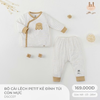 Bộ Sơ sinh dài tay petit [ kháng khuẩn - Siêu mềm mát - co dãn và thấm hút tốt] đính túi con mực cho bé NB -6M  (DSCC07)