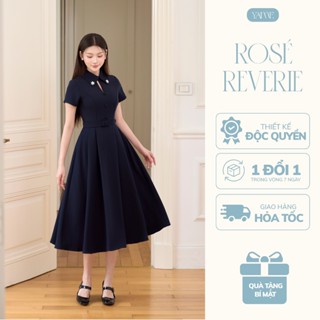 Váy Đầm Thiết Kế Nữ YAME Cổ Đính Đá Khoét Giọt Nước Chiết Eo Dáng Dài Kèm Đai Xanh Be Thanh Lịch Công Sở - Norine YV624