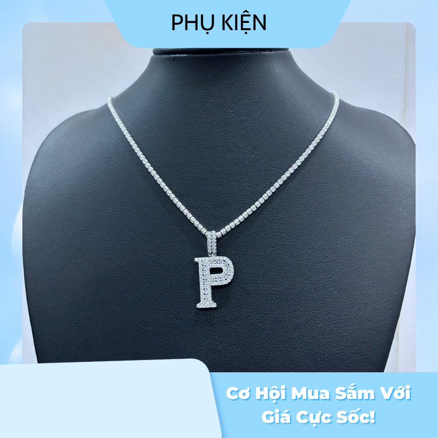 Vòng cổ nam mặt dây chuyền chữ P, dây chuyền nam đính đá mặt chữ cái theo tên, boy phố, dễ phối đồ
