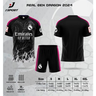 Quần Áo Đá Banh REAL ĐEN Rồng 2025 Chất Vải Thun Lạnh Thoáng Mát Thoải Mái Ra Sân