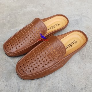  Giày Sục Nam Da Bò ĐẸP Hàng hiệu đế khâu Dép SaBo Bít Mũi Rọ nam hở gót mùa hè đục lỗ thoáng khí R-8 nâu 02 