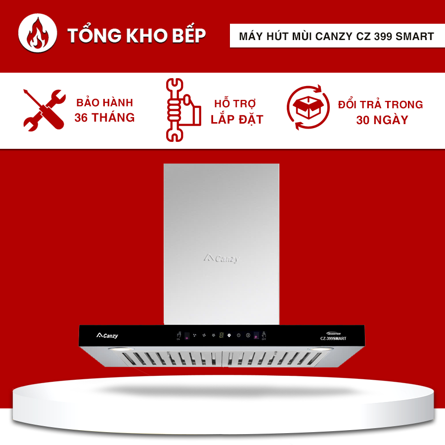 Máy hút mùi Canzy CZ-399 Smart được trang bị đèn LED siêu sáng, kích thước sâu 35cm tiện lợi.