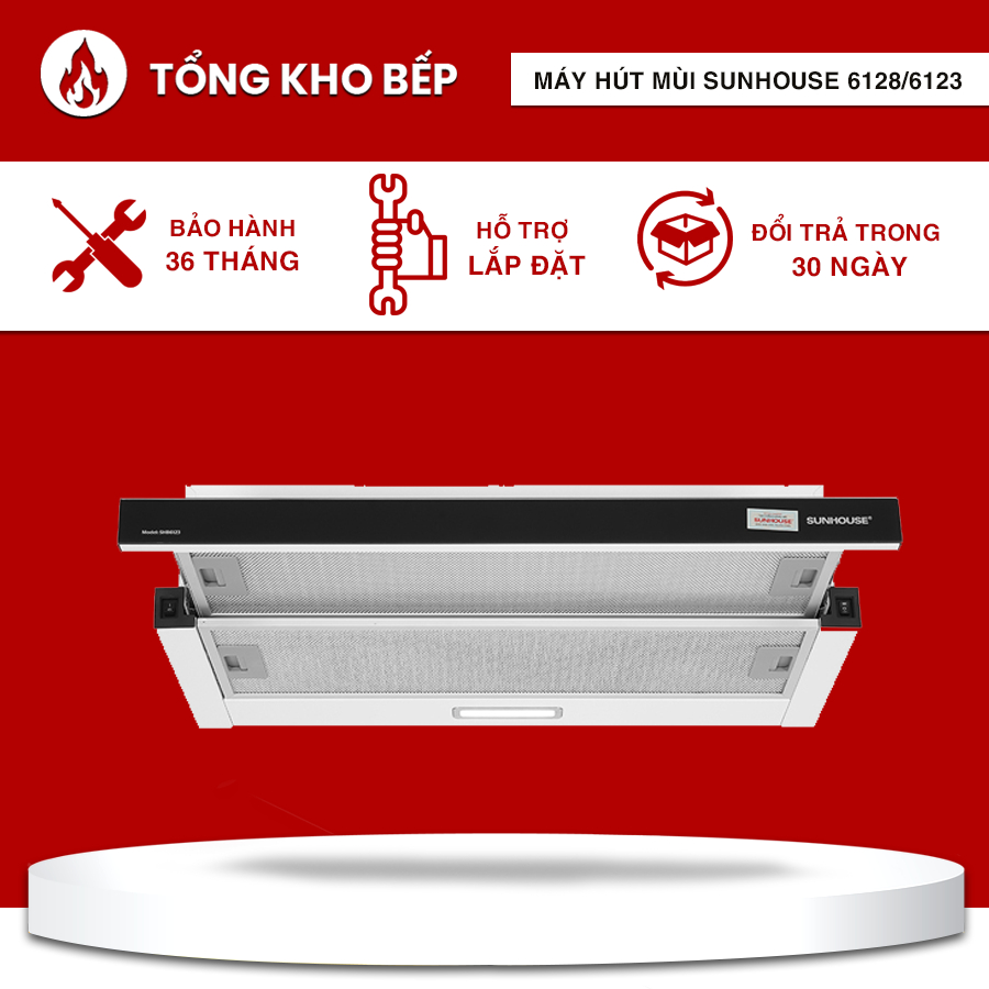 Hút mùi Sunhouse 6128/6123 công suất mạnh mẽ và thiết kế đặc biệt phù hợp với mọi căn bếp.
