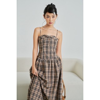 Đầm Nữ Lined Hai Dây Phối Caro Dáng Dài SECODEE