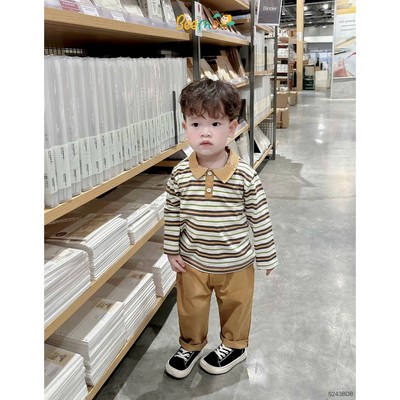 Set thun dài Beemo cổ polo hoạ tiết kẻ ngang  vải cotton kết hợp kaki mềm cho bé đi học, đi chơi 5243BD