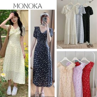    Nhiều mẫu  Váy hoa nhí đi biển maxi cổ tim tay bồng buộc dây nơ dáng dài xòe thướt tha Đầm tiểu thư bánh bèo T597G 