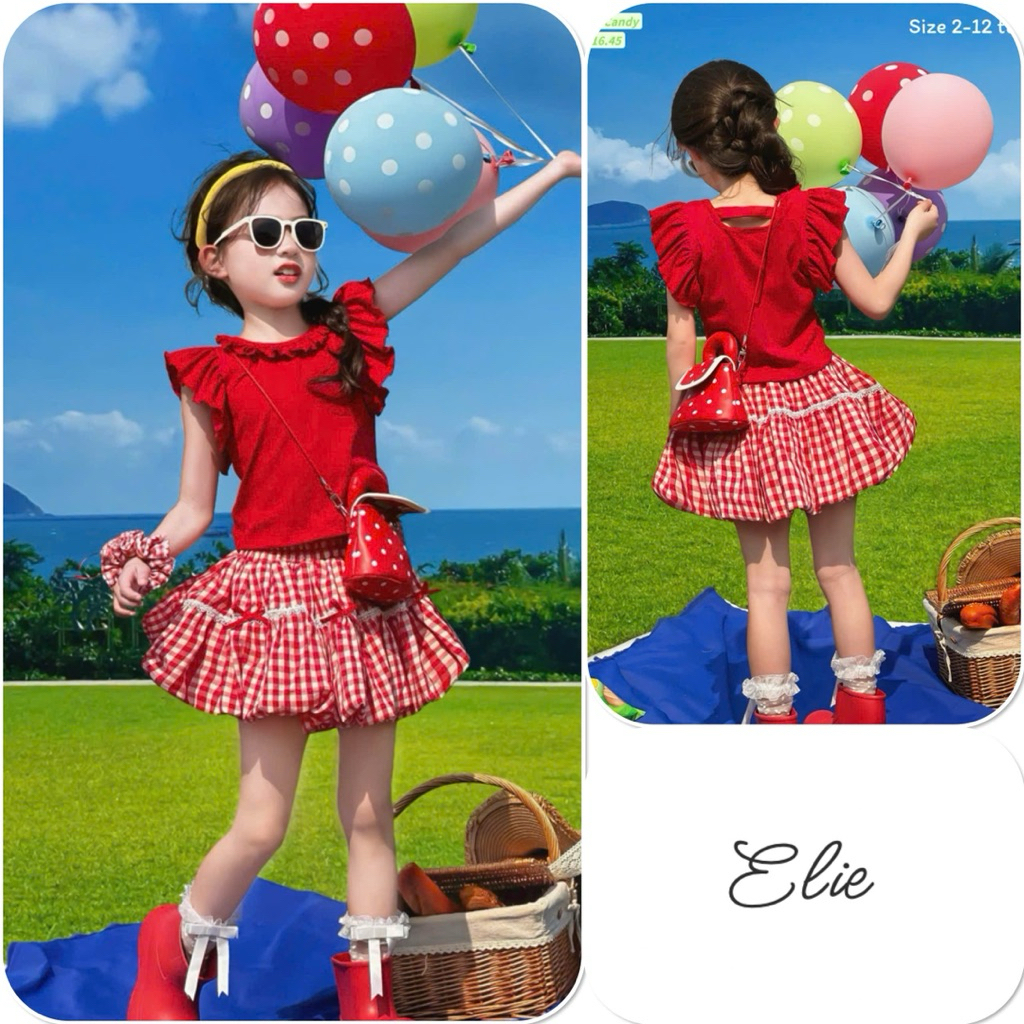 Set váy Elie bộ váy đỏ phối caro áo cánh tiên chân váy bí cho bé gái