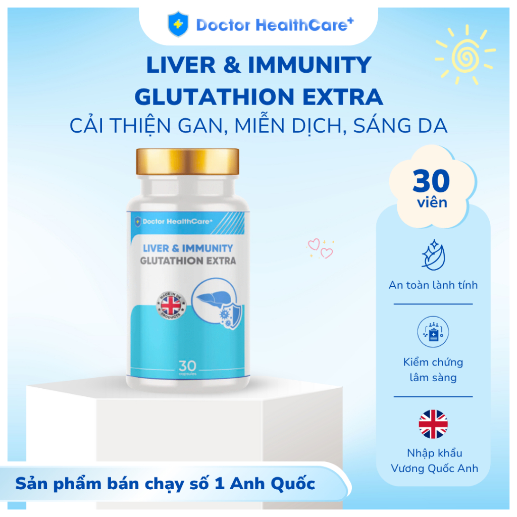 Viên Uống LIVER & IMMUNITY GLUTATHION EXTRA Hỗ Trợ Làm Sáng Da , Giảm Thâm Nám, Tàn Nhang Hộp 30 viê