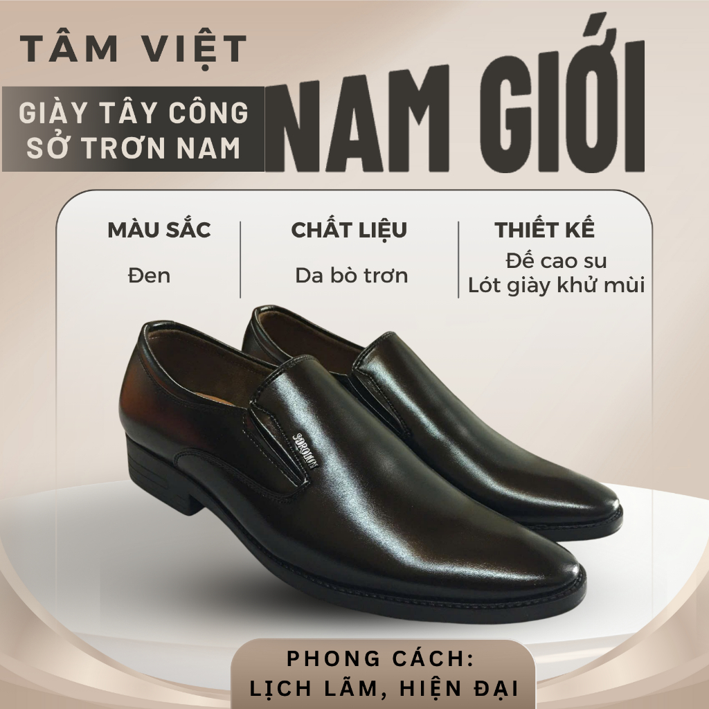 Giày tây nam công sở Tâm Việt, da bò thật, mũi nhọn ôm chân, 2 màu đen/nâu, đế khâu chắc chắn tăng chiều cao 4cm