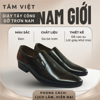 Giày tây nam công sở Tâm Việt, da bò thật, mũi nhọn ôm chân, 2 màu đen/nâu, đế khâu chắc chắn tăng chiều cao 4cm