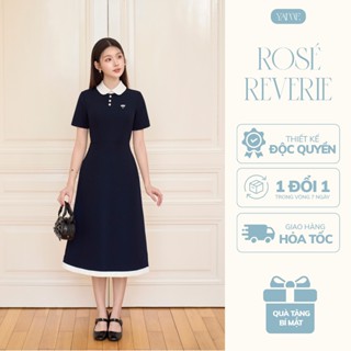 Váy Đầm Thiết Kế Nữ YAME Cổ Sen Trắng Chiết Eo Dáng Dài Đính Khuy & Tag Nơ Đá Xanh Navy Thanh Lịch Công Sở - Elora YV620