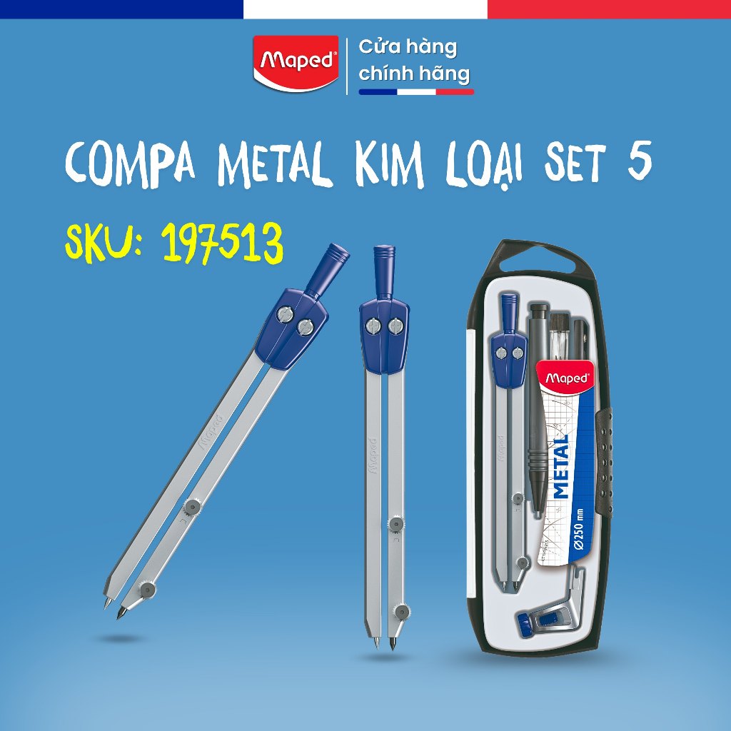 Compa Học Sinh Metal Kim Loại Maped - Set 5,SKU: 197513, Dễ Dùng, An Toàn, Thương Hiệu Pháp  [Chính Hãng]
