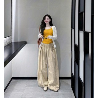  Set bộ nữ 3 món áo trong 2 dây ôm body thun gân kèm khoác ngoài tay dài thun lạnh phối quần dáng xuông dài đủi xốp xinh 