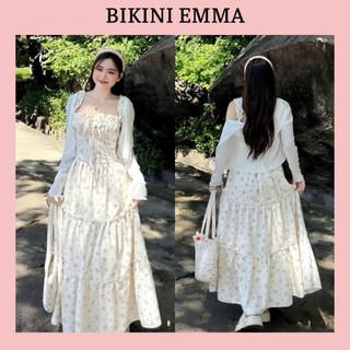  EMMA Set Váy Maxi Cotton Hàn Hoa Nhí Nhún Lưng Kèm Khoác Thun Giấy  Có Mút Đệm  