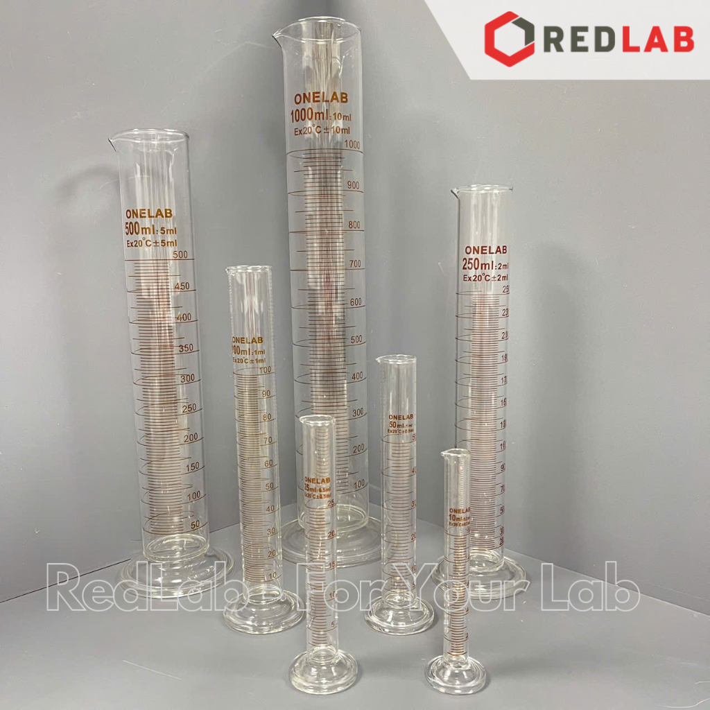 Ống đong thủy tinh ONELAB 10 25 50 100 250 500 ml đáy tròn, chia vạch nâu, đong mẫu thí nghiệm, có VAT