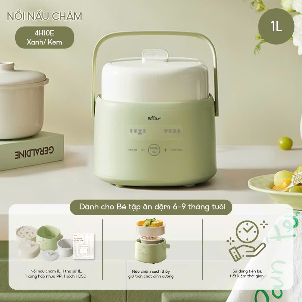 Nồi nấu cháo chậm Bear SC-4H10E màu kem 1l