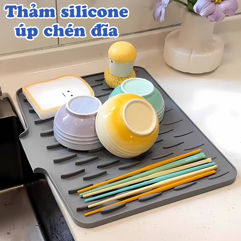 Thảm silicon úp chén đĩa ráo nước nhanh chóng DinoHome, Thảm silicon cách nhiệt chống trơn trượt, Miếng lót nồi đa năng