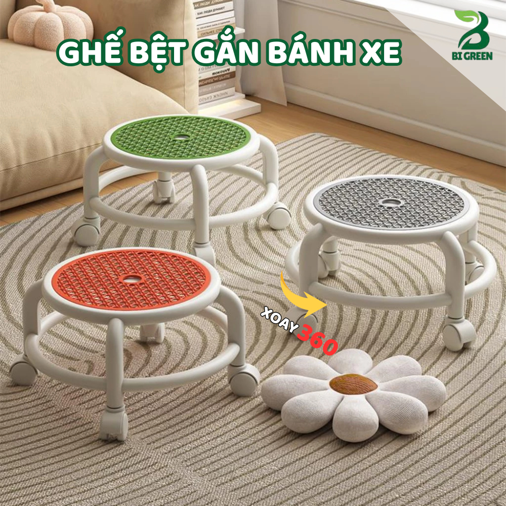 Ghế tròn xoay bệt có bánh xe xoay 360 độ, ghế bệt ghế đẩu đóng hàng khung viền chắc chắn BIGREEN