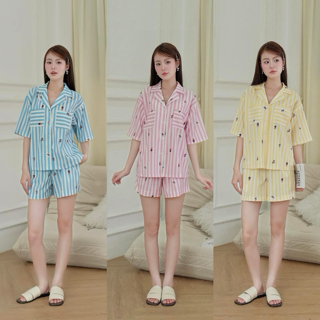 𝗛𝗮̀𝗻𝗴 𝗰𝗵𝗶́𝗻𝗵 𝗵𝗮̃𝗻𝗴 Bộ đồ ngủ mặc nhà pyjama kẻ Mickey chất Kate poly form rộng- O.N WORKSHOP