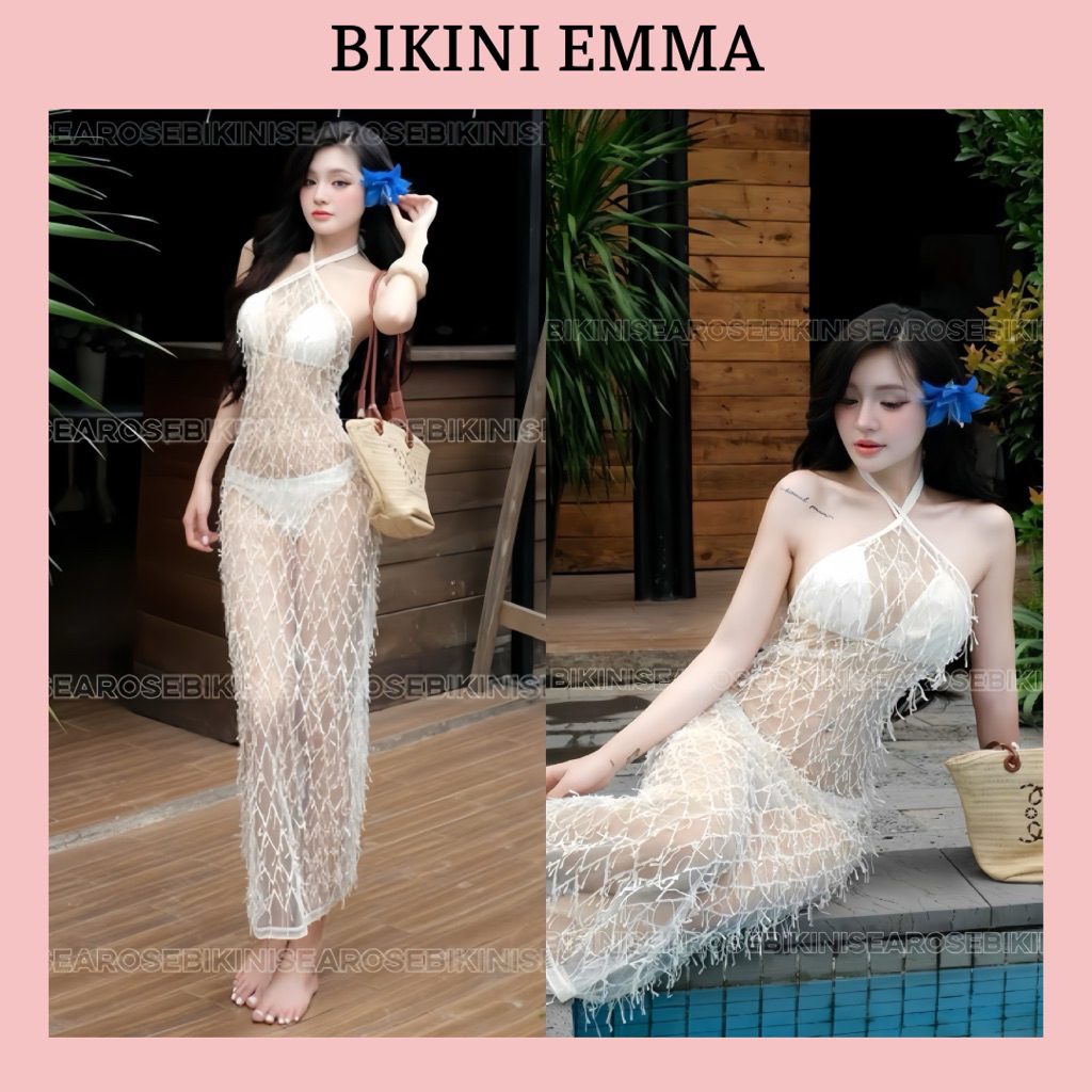 BIKINI EMMA Set 3 Món Bikini Cổ Yếm Dáng Dài Áo Lưới Đính Lông Tua Rua