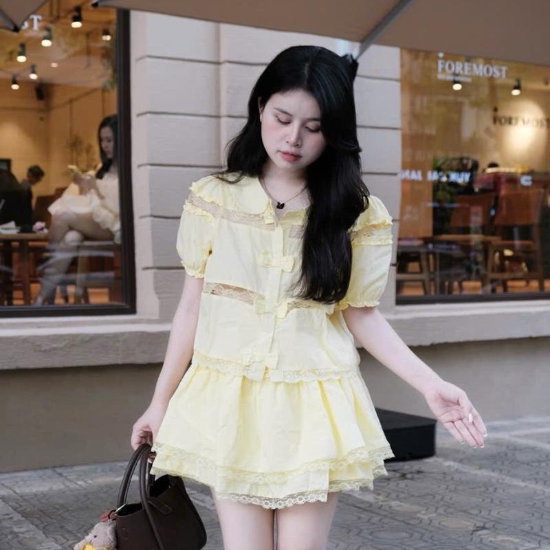 (CÓ SẴN HÀNG) Set chân váy tầng kèm áo mix ren mềm M69