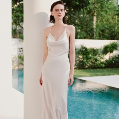 Đầm OLV lụa maxi 2 dây cổ đổ mịn mát thướt tha Cream Silky Cowl phù hợp đi tiệc đi biển mùa hè