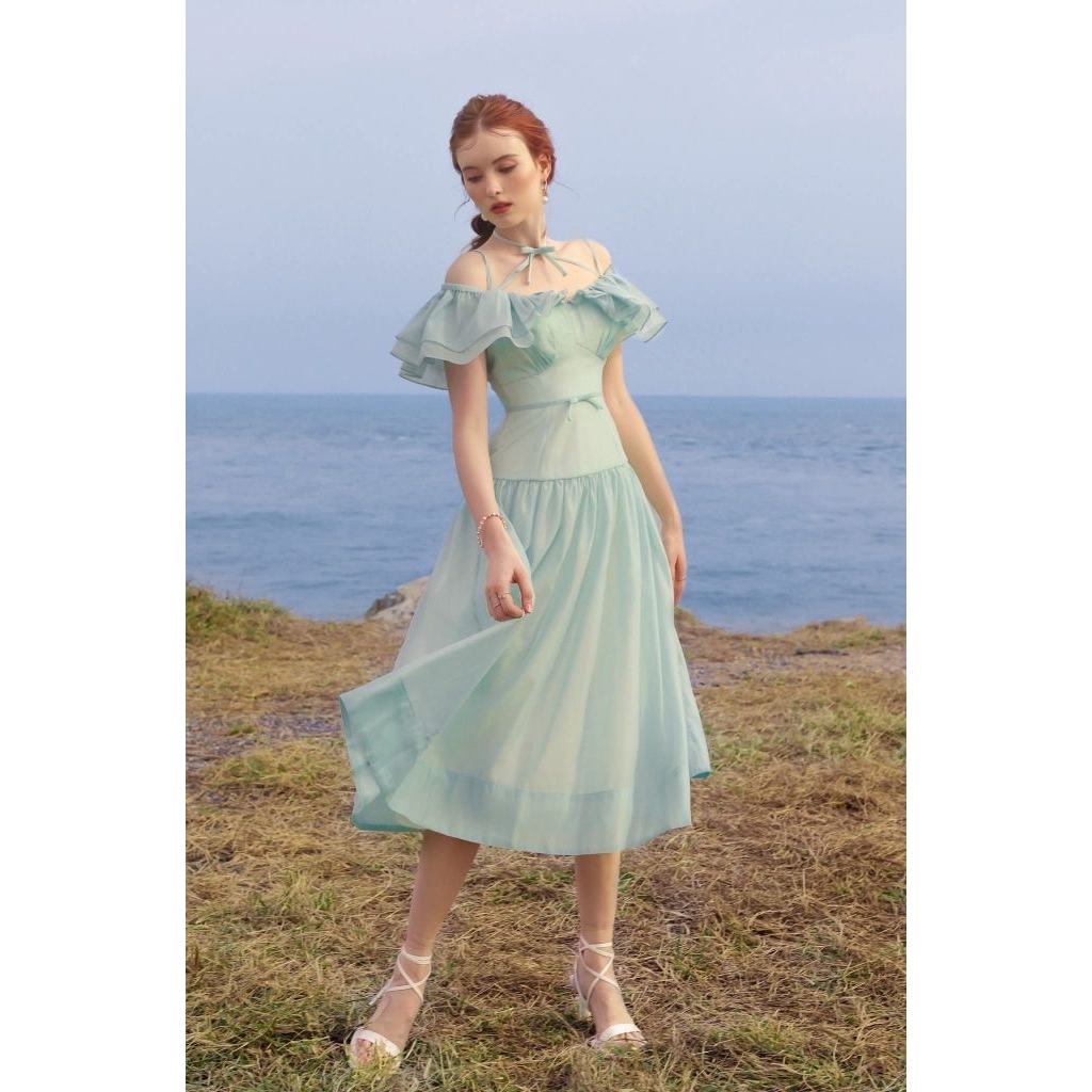 Đầm nữ xanh mint thắt nơ eo cổ Inside dress Eco Chan / Đầm prom đầm dạ hội đầm đi tiệc tất niên