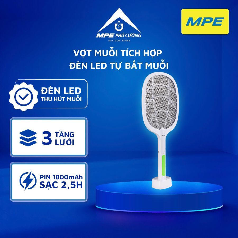 (CHÍNH HÃNG) MPE - Vợt muỗi thông minh 3 tầng lưới có đèn LED tự bắt muỗi Chính hãng MPE Phú Cường