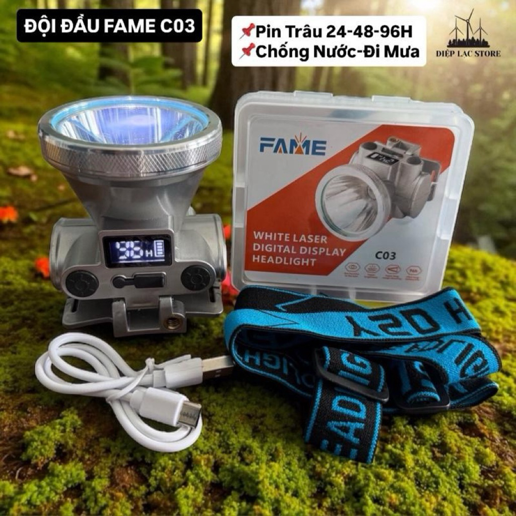 [24-96H] Đèn Đội Đầu FAME C03, Sáng Xa 500m, Bóng Laser Siêu Sáng, pin trâu siêu sáng có Led hiển th