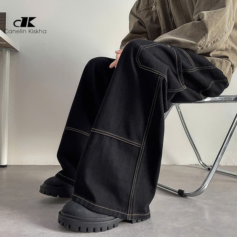 Quần Jean Nam Nữ ỐNG RỘNG Phối Chỉ Vàng Túi Đẹp Cao Cấp Mẫu Mới Chuẩn GENZ Shop MILA