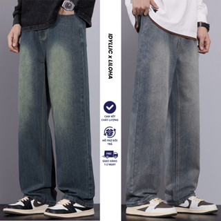 Quần Jean Nam Dài Ống Suông Đứng Form Rộng Màu Xám Wash Phong Cách Retro Chất Denim Cao Cấp HELLOYOU