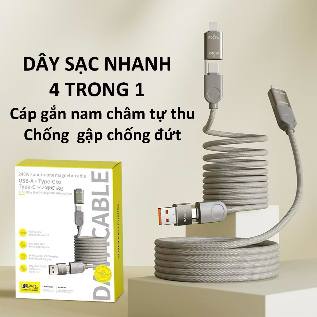 Dây Cáp Sạc Từ Tính Đa Năng Sạc Nhanh 240W, Cáp Sạc Nhanh 4 IN 1 Chống Rối, Sạc Nhanh 240W Type C, U