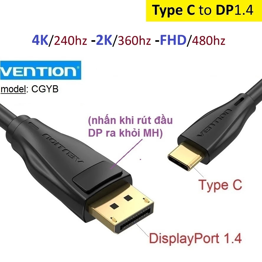 Type C to DisplayPort DP 1.4 Vention CGYB 4K 240Hz/ 2K 360Hz/ 1080P 480Hz -Bảo Hành 6 tháng