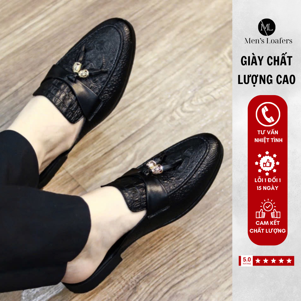 Giày Sục Nam Đế Cao 3cm Da Đen Mờ in Vân Cá Sấu Men’s Loafers Store,Sục Nam Đai Ngang Đính Kèm Nơ Ch
