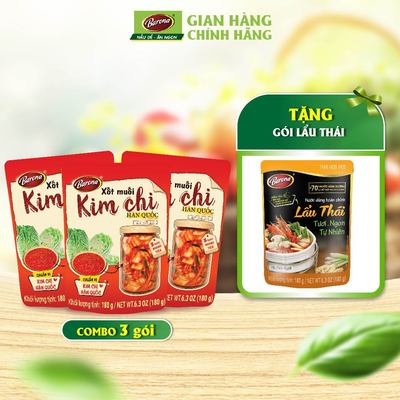 Xốt Muối Kim Chi Hàn Quốc Barona 180g, Combo 3 gói Tặng 1 gói Nước Dùng Lẩu Thái Barona 180g