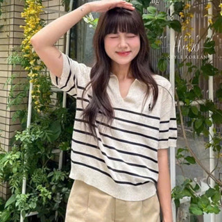 (CÓ SẴN) Áo len dệt kim mỏng cổ V kẻ ngang thêu ngựa, Áo len cộc tay chất mềm mịn thoáng mát cho nữ ALCT116