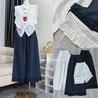 Quần Suông Nữ Chất Bò Giấy Kẻ Sọc Phối Gấu Bèo Siêu Xinh Chất Vải Dày Dặn Cạp Chun Lưng Cao Tôn Dáng