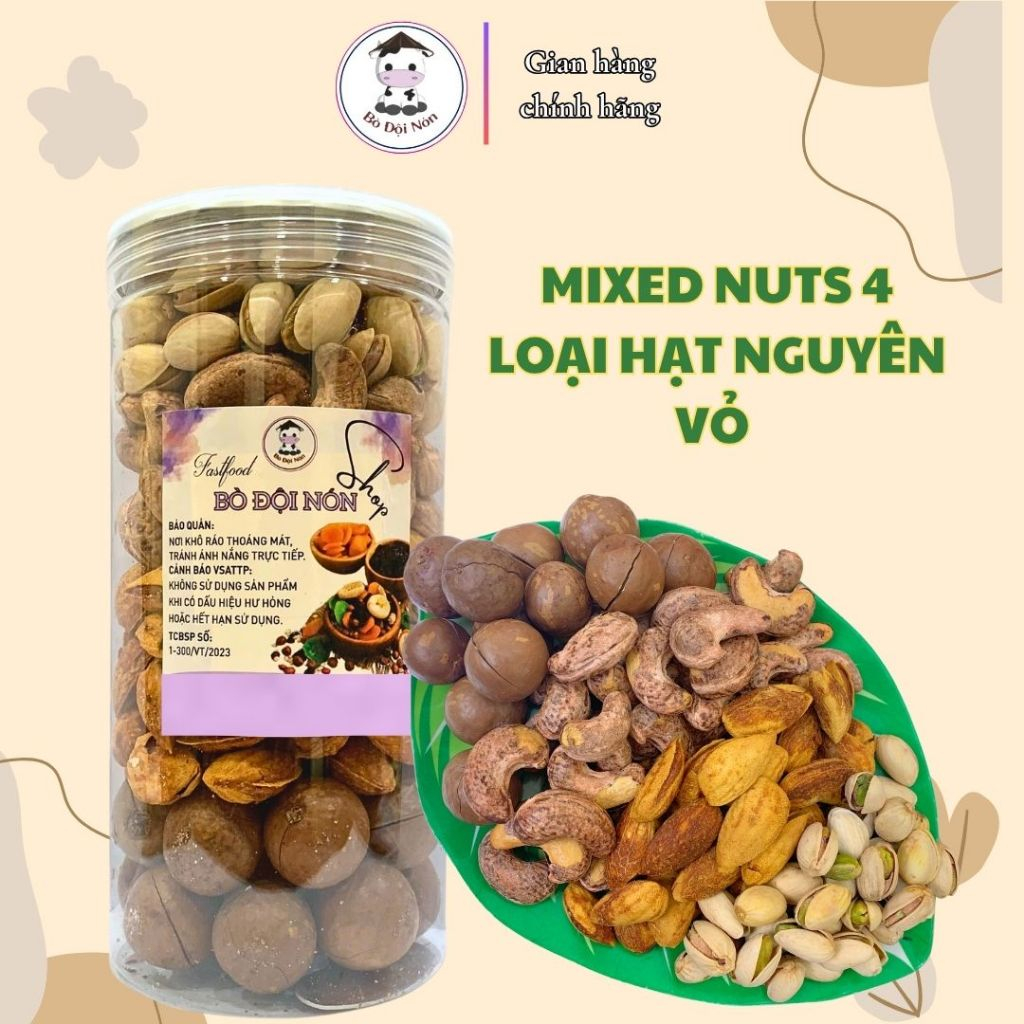 Combo Mix 4 Loại Hạt ( Hạt Dẻ Cười, Hạt Điều, Hạt Macca, Hạnh Nhân Rang Bơ)  | Bò Đội Nón Shop