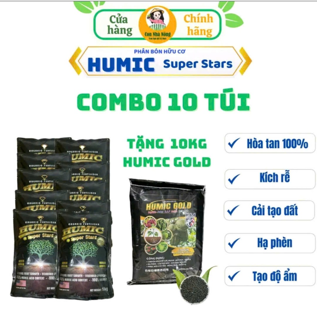 COMBO 10 HUMIC SUPER STARS DẠNG BỘT DỄ HÒA TAN – 1KG TẶNG 1 HUMIC GOLD