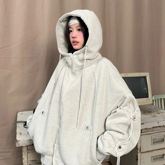 Áo Khoác Zip Cổ Cao Phối Dây Cúc YC1996 - Áo khoác nỉ dây kéo phối cúc bấm phối dây thời trang