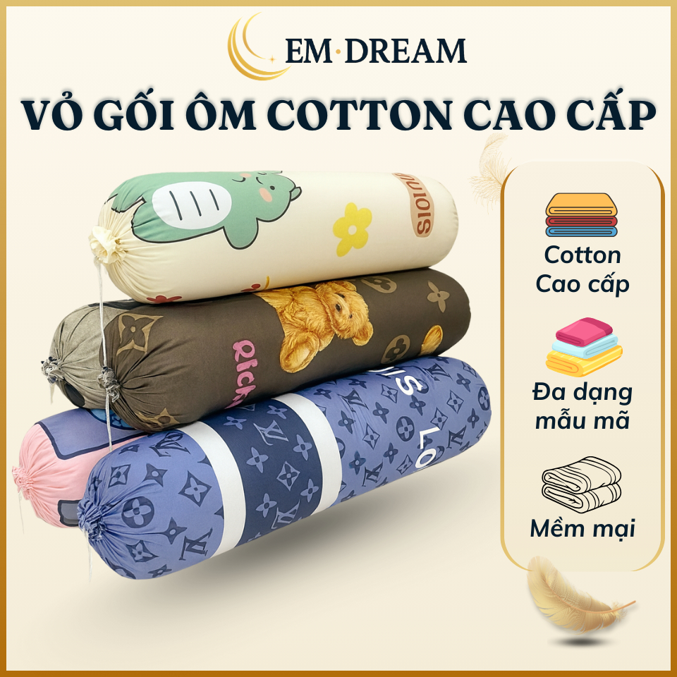 Vỏ gối ôm EmDream cotton 100% mềm mịn 35x100cm áo gối ôm dài bao gối ôm dây kéo bọc gối ôm cao cấp d