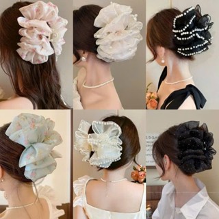 Kẹp búi tóc tiểu thư nơ lưới voan đám mây bong bóng cặp càng cua cài to phồng bồng bềnh size lớn 13cm Hàn Quốc